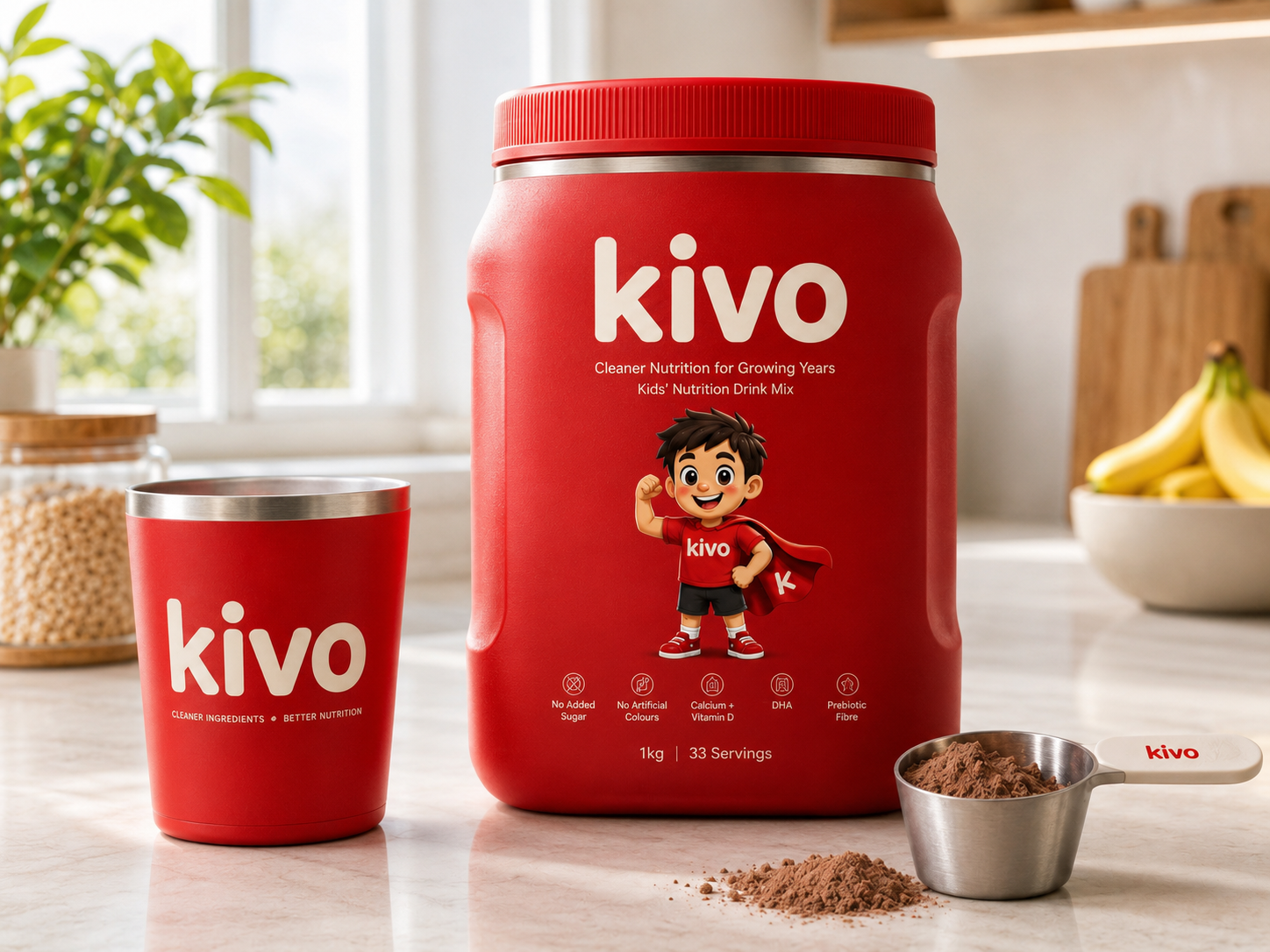 kivo Grow+ 1kg jar with branded kivo cup and scoop