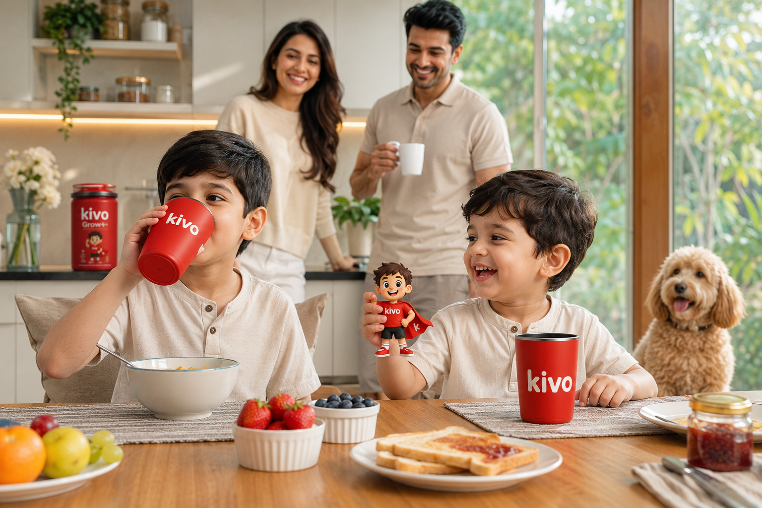 Indian family enjoying breakfast with kivo Grow+